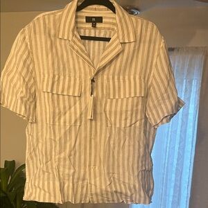 Banana Republic Men's Casual Linen Striped Shirt - Beige and White